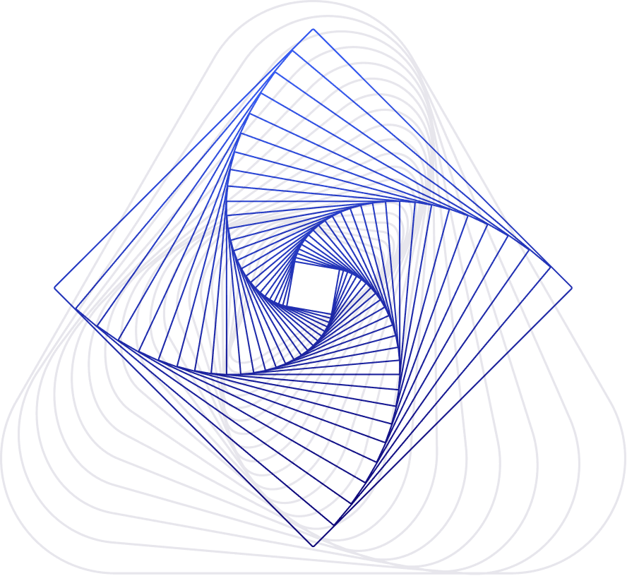 Abstraktes quadratische Element in dunkelblau, welches sich spiralförmig dreht und im Hintergrund befindet sich ein größeres, graues Dreieckiges Element.